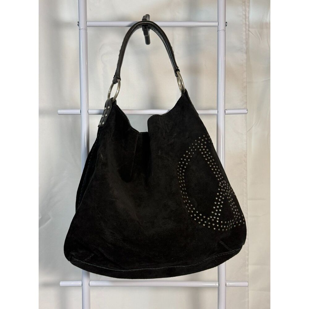 Lucky Brand Black Suede Studded Peace Sign Hobo Bag • Y2K Boho